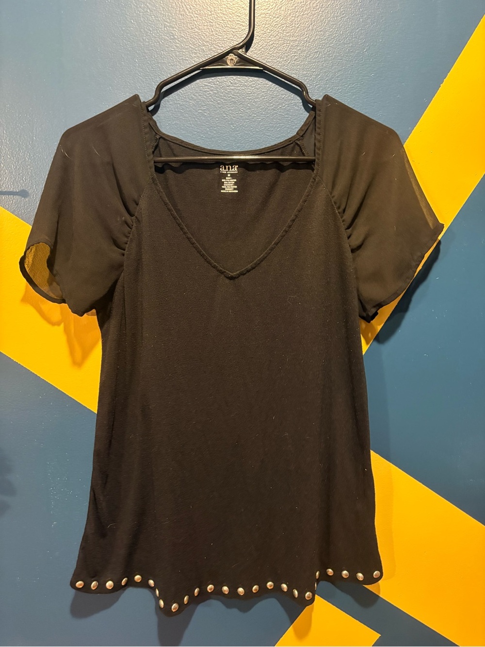A.N.A. Black V-Neck Short Sleeve Studded Top EUC